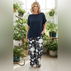 Elegant Two Piece Set Floral Wide-Leg Trouser Pants Loose Fit Summer Casual